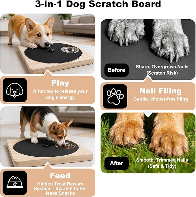 Dog Nail Scratch Board with Treat Board, Stress-Free Nail Care for Dog | Wood Scratching Pad with Sandpaper and 6 Steel Bowls, Nail File Toy for Dog