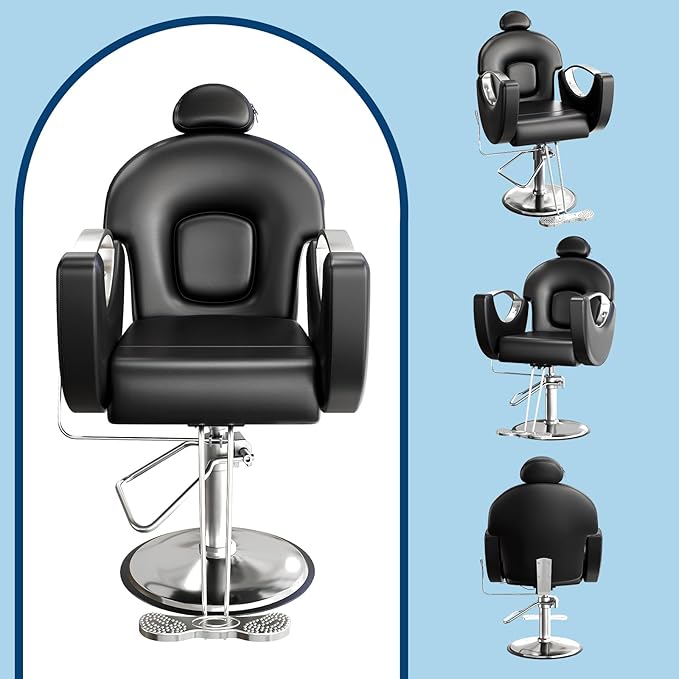 Barber Salon Chair, Reclining Salon Chair with Heavy Duty Hydraulic Pump, 360° Swivel and Height Adjustable, 330 LBS Capacity Spa Beauty Equipment Hairdresser Armchair for Barbershop- Black & Silver