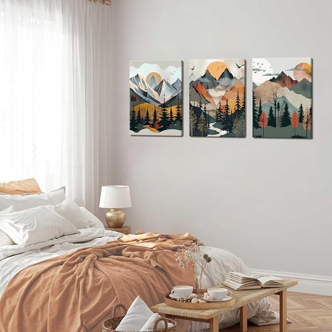 Mountain Canvas Wall Art Set of 3, Boho Sun Forest Abstract Nature Landscape Artwork Wall Decor, Watercolor Posters Prints Painting Picture Artwork for Living Room Bedroom Office 16x24 In Framed