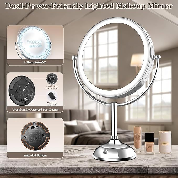 VESAUR Upgraded 11" Large 17" Tall Lighted Makeup Mirror Silver, 1X/10X Dual-Sided Magnifying with 15X Suction Mirror, 3 Color Adjustable Lights, 360° Swivel Dual Power Vanity Mirror, Gift Box