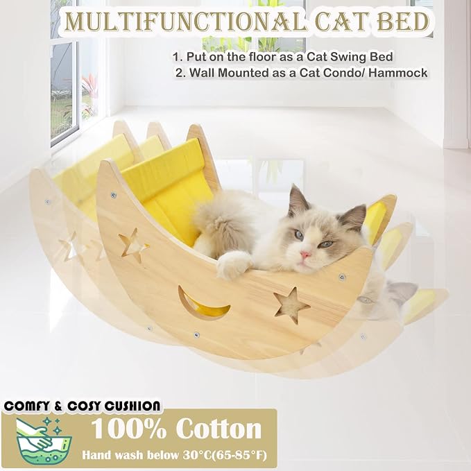 Cat Hammock Moon Bed Wall Mounted Shelf Hammock Shelves and Perches Solid Wood Furniture Platforms Beds Hanging for Cats and Kitty Easy Installation-Single Moon