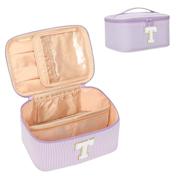 OCHEAL Makeup Bag Valentines Day Gifts for Women, Monogram Cosmetic Bag Purple Travel Makeup Case Beauty Toiletry Bag Organizer Personalized Gifts for Girls Bridesmaid, Sister, Wife, Friends Initial T