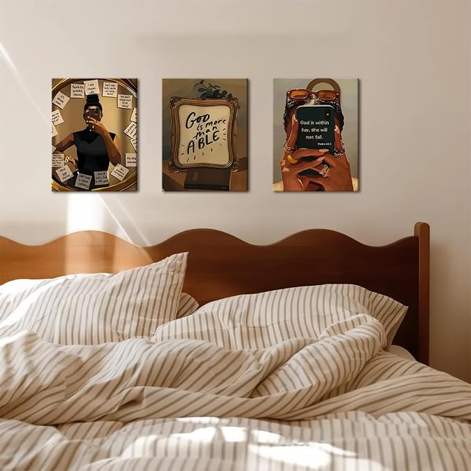 Framed Black Girl Wall Art Set of 3, Fashion Inspirational Black Woman Wall Decor Paintings, African American Positive Affirmations Pictures Canvas Prints for Living Room Bedroom Office 16x24 inch