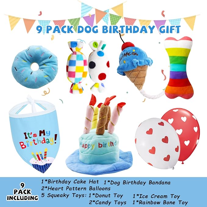lilfrd 9Pcs Blue Dog Birthday Toy Set, Squeaky Hat Bandana Gift for Dogs