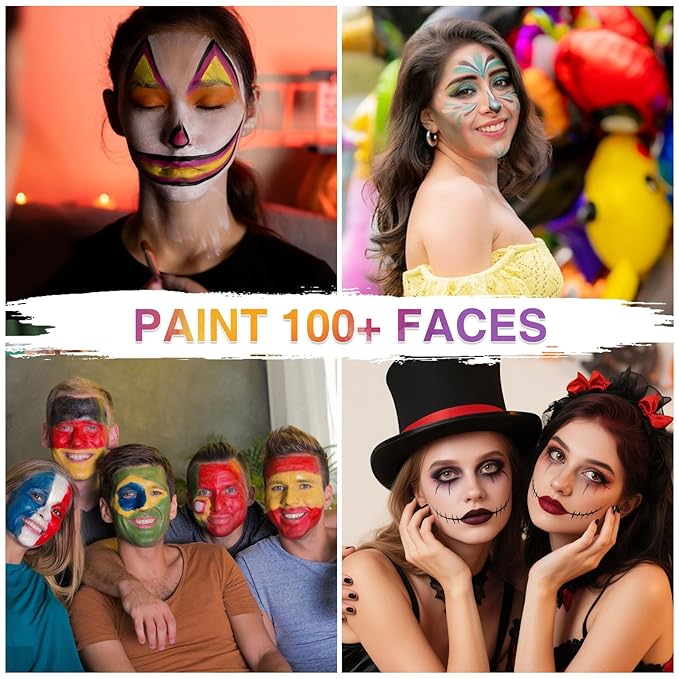 VESPRO Professional Face Body Paint Kit,42 Colors Oil Face&Body Paint Kit (26 Classic Colors+10 Metal Colors +6 UV Glow Colors) with 10 Size Brushes 4PCS Reusable Large Face Stencils and 4PCS Small Paint Stencils for Kids’ and Adults’ Halloween Makeup