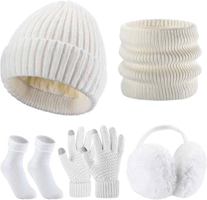 SATINIOR 5 Pcs Winter Beanie Hat Scarf Gloves Set Fleece Lined Knit Hat Warm Touch Screen Gloves Earmuff Warmer for Women(White,Fashion Style)