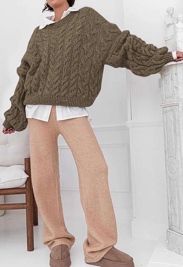 PRETTYGARDEN Womens Sweaters Spring 2026 Cable Knit Long Sleeve Crewneck Oversized Sweater Chunky Pullover Loose Outfits