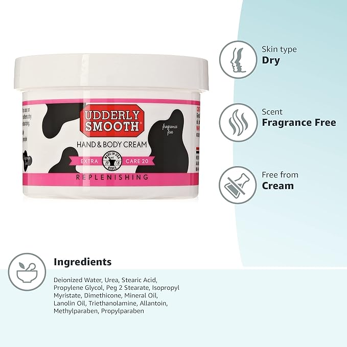 Udderly Smooth Extra Care Hand, Body & Foot Cream with 20% Urea, Daily Moisturizer to Restore Dry or Irritated Skin, Dermatologist Tested, 8 Oz