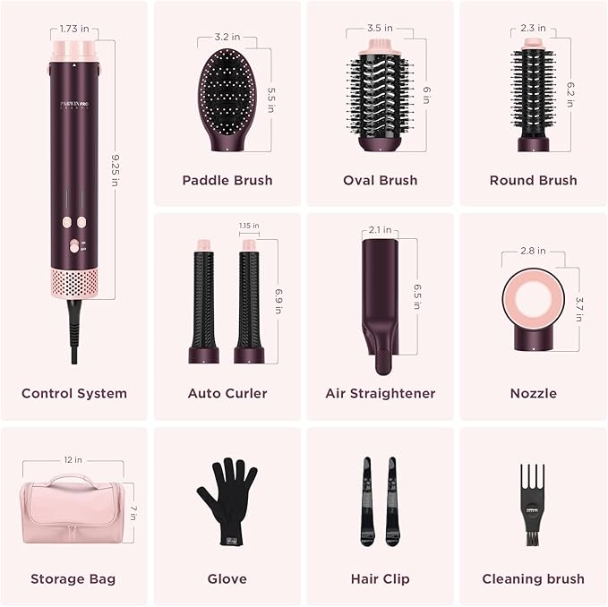 7-in-1 Hot Air Styler, PARWIN PRO BEAUTY Dual Voltage MaxAIR 2.0 Multi-Styler Set, 110,000RPM High Speed Hair Dryer Brush with Air Hair Straightener, 1.1 Inch Auto-Wrap Curlers, Jasper Plum