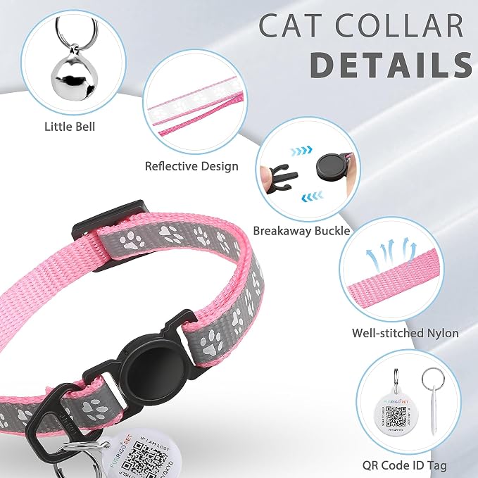 Breakaway Reflective Cat Collar with QR Name Tag & Bell (Pink)