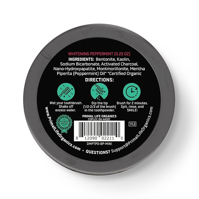 Primal Life Organics -Dirty Mouth Toothpowder, Activated Charcoal Tooth Cleaning Powder, Essential Oils, Hydroxyapatite, Kaolin, Bentonite Clay, 60+ Brushings, Organic, Vegan Black Peppermint 0.25oz