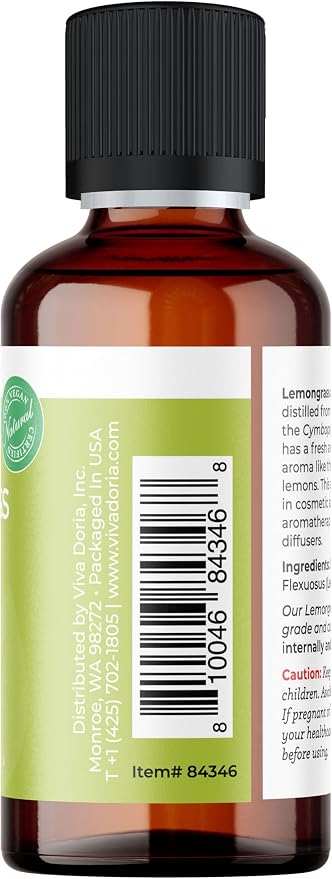 Viva Doria Lemongrass Essential Oil, 100% Pure, Natural Lemongrass Essential Oil, Undiluted, for Aromatherapy | Food Grade, 30 mL (1 Fluid Ounce)