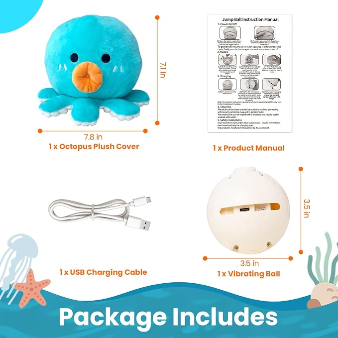Interactive Dog Toys, Moving Squeaky Octopus Toy with Bouncing Ball, Rechargeable Rolling Dog Toy for Small Medium Large Dogs to Keep Them Busy, Jumping Music Talking Recording Mode
