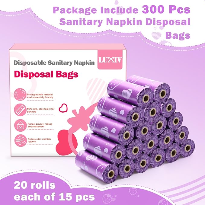300P Sanitary Napkin Disposal Bags, Luxiv Disposable Sanitary Bags Rolls Personal Care Disposal Bag for Diapers, Tampons, Pad Period Bag Disposal Feminine Hygiene Products Bags with Scent (Purple)