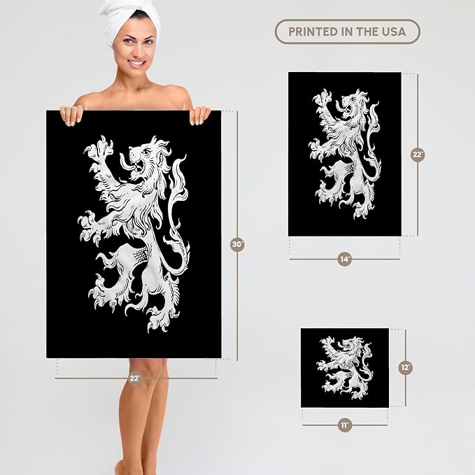 3dRose Cool Vintage Heraldic Royal Lion in White on Black 22x30 Bath Hand Pool Towel