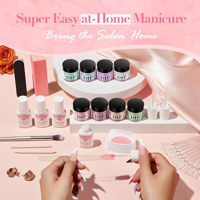 AZUREBEAUTY 30Pcs Dip Powder Nail Kit Starter, Pink Pastel Blue Green Glitter 8 Colors Summer Macarons Dipping Powder Liquid Set with Base/ Matte Top Coat/ Activator/Nail Sticks Easter Gift