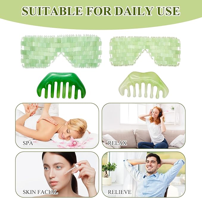 Jade Eye Mask 2 Pcs Jade Eye Mask for Facials can Relieve Puffiness and Relieve Eye Cover (Comes with Massage M-Shaped Comb *1, Eight-Tooth Comb *1)