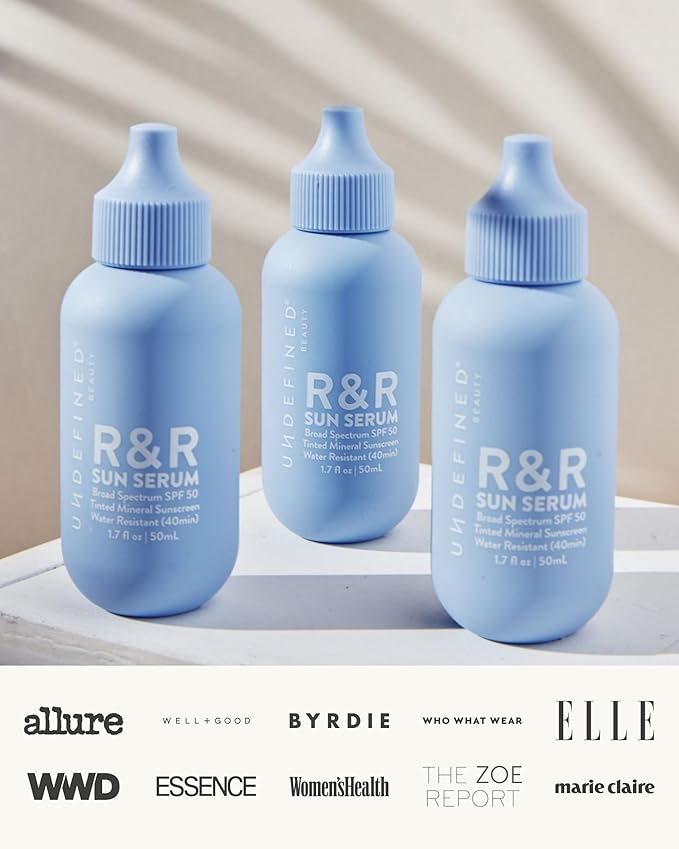 Undefined Beauty R&R Sun Serum SPF 50 PA++++ Tinted Mineral Sunscreen with Niacinamide, Water Resistant Broad Spectrum Protection & Blue Light Defense (Deep Tint)