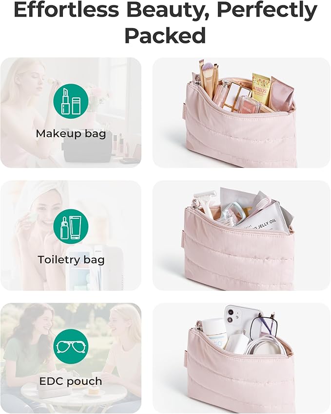 BAGSMART Small Makeup Bag, Slim 1.6", Machine Washable, Travel Pouch | Water-resistant material; puffy padding; fully machine washable construction