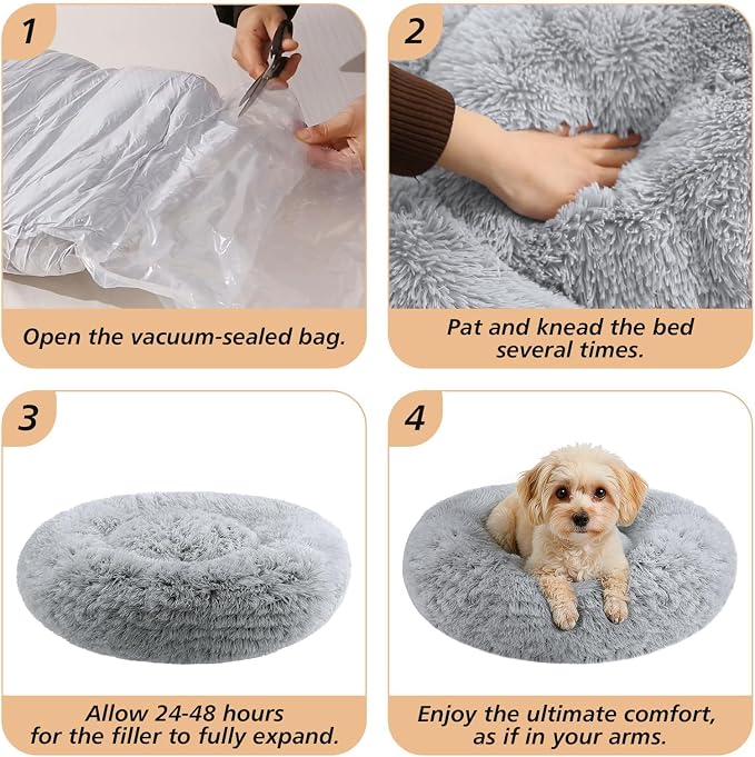 JOLLYVOGUE Calming Dog Bed Medium Size Dog, 31in Donut Washable Medium Pet Bed, Anti-Slip & Anti-Anxiety Fluffy Faux Fur Round Dogs Bed, Fits up to 45 lbs Pets (Smoke Grey)