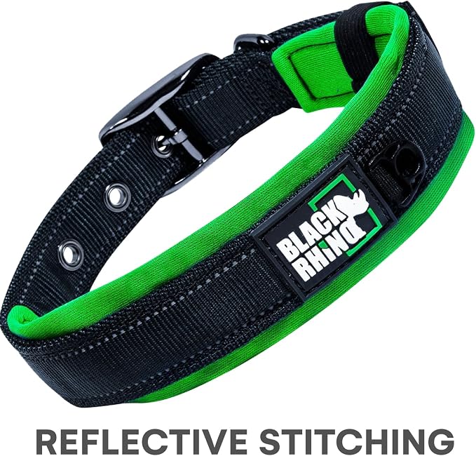 Black Rhino Dog Collar for Medium Dogs - Adjustable Reflective Heavy Duty Dog Collar with Ultra-Soft Neoprene Padding - Weatherproof, Durable, and Comfortable - Ideal for Active Dogs - Green and Black