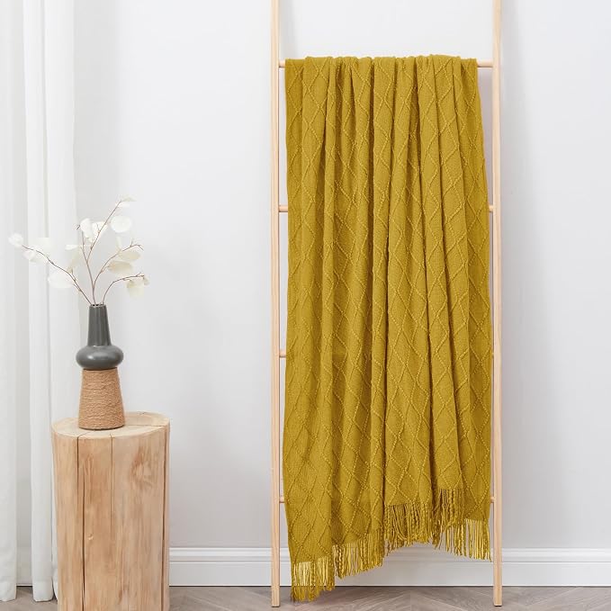 inhand Golden Palm Knitted Throw Blanket for Couch and Bed, 50"x60" | Soft Living Room Home Decor Knitted Blanket, Tassel, Outdoor Lightweight Breathable , Farmhouse Warm Woven Decorative