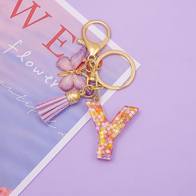 Fashion Alphabet Initial Letter Keychain Tassel Butterfly Pendant Key Ring for Purse Handbags Women Girl
