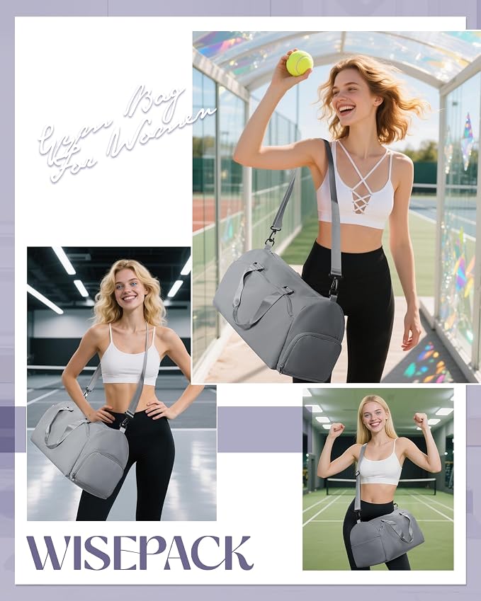 Gym Bag for Women with Shoe Compartment Lightweight Travel Duffle Bags Carry on Bag Overnight Weekender Duffel Bag with Wet Pocket Personal Item Travel Bag Tote Bag Workout Dance Bag Grey
