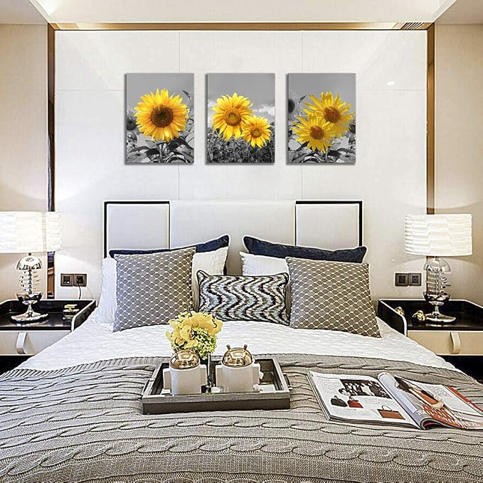 USIXA Sunflower Wall Art for Living Room Black White Flowers Wall Decor Yellow Floral Canvas Prints Painting Wood Frame with Hook Decorative Botanical Blossom Picture Artwork in 3 Panels 12×16 Inches