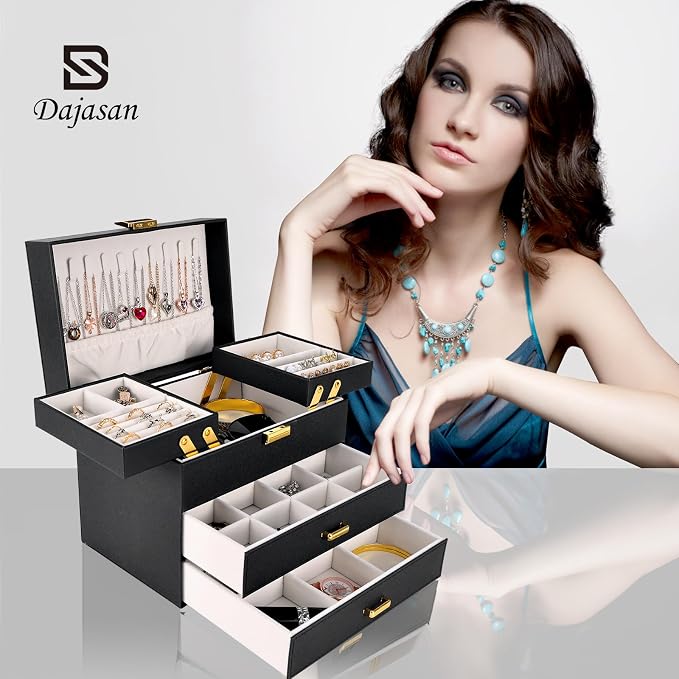 Jewelry Organizer Box, Large Jewelry Boxes for Women Girls, Space-Saving 4 Layers Jewelry Storage Case with Drawer, Movable Metal Stand, Modern, Gift Idea (Black + Gold)