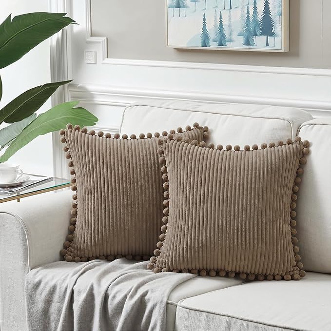 Fancy Homi Set of 2 Light Brown Decorative Throw Pillow Covers 22x22 Inch with Pom-poms, Soft Corduroy Solid Square Cushion Case for Couch Sofa Bedroom Car Living Room 55x55 cm