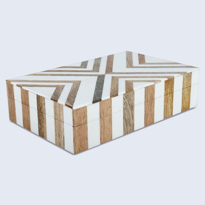 Handicrafts Home White Decorative Storage Box with Lid Wood Remote Control Box Coffee Table Storage Box Remote Holder for Living Room Decor – Resin Inlay Marquet Chevron Collection - 8x5x2
