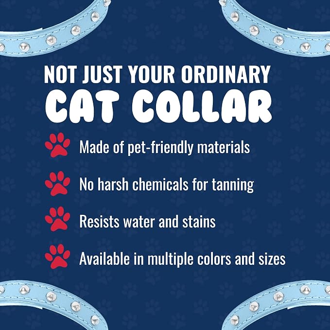 Rhinestones Cat Collar, Genuine Leather Kitten Collar, Sturdy Breakaway Cat Collar, Water-Resistant Cat Collar with Bell & Elastic Stretch, Baby Blue, 10 x 1/2 inches - Angel Pet Supplies