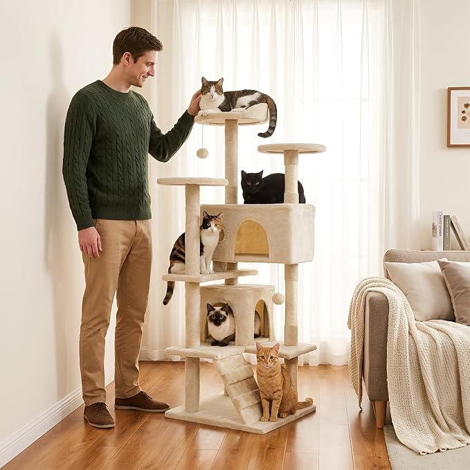 FDW | 54" Cat Tree Tower | Beige | Multi-Level Indoor Activity Center | with Sisal Scratching Posts, Condos, Plush Perches, Hanging Cat Toys | Sturdy, Easy to Assemble | for Kittens & Adult Cats