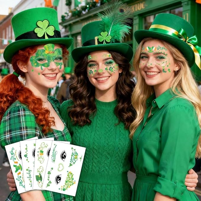 St Patricks Day Temporary Tattoos Green Leaf Blush Face Tattoos Mixed Styles Lucky Clover Shamrock Fake Tattoos Waterproof Freckles Face Tattoo Cute Makeup Stickers with Green Gems for Girls 4 Sheets