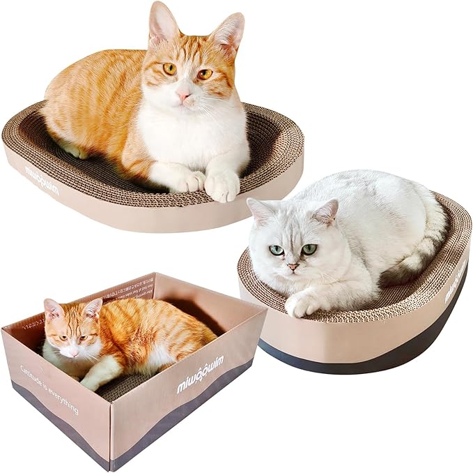 miwoowim 3-Piece Cat Scratcher Set, Oval Bowl Nest for Indoor Cats | 2 oval bed &1 box for scratching & lounging,Durable round corrugated cardboard pad & catnip toy.Furniture protector for couch