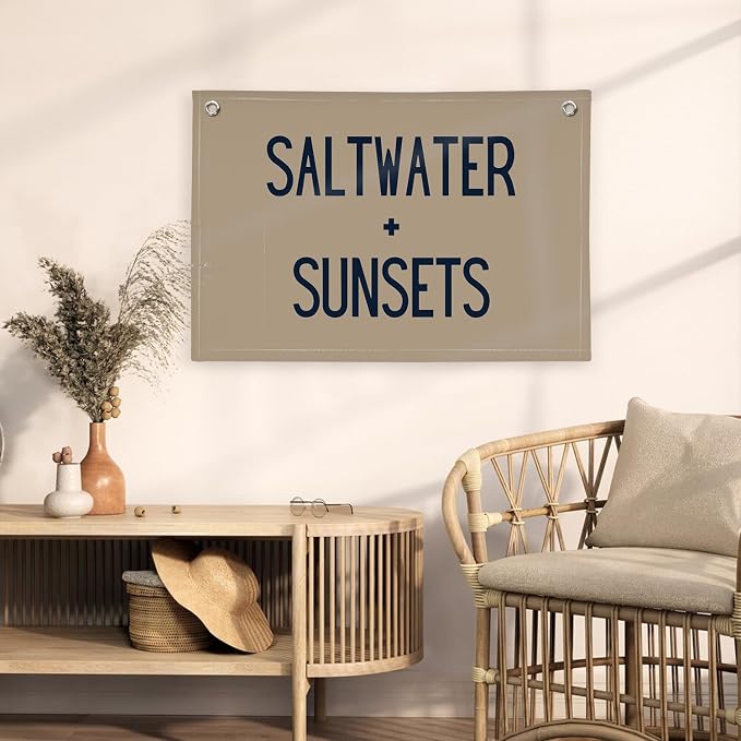 Beach Room Decor Banner, Boho Coastal Saltwater Sunsets Wall Art Linen Canvas Banner Flag for Aesthetic Room Decor, Playroom Nursery Surf Decor,Housewarming Gift, Beach Gifts boyroom