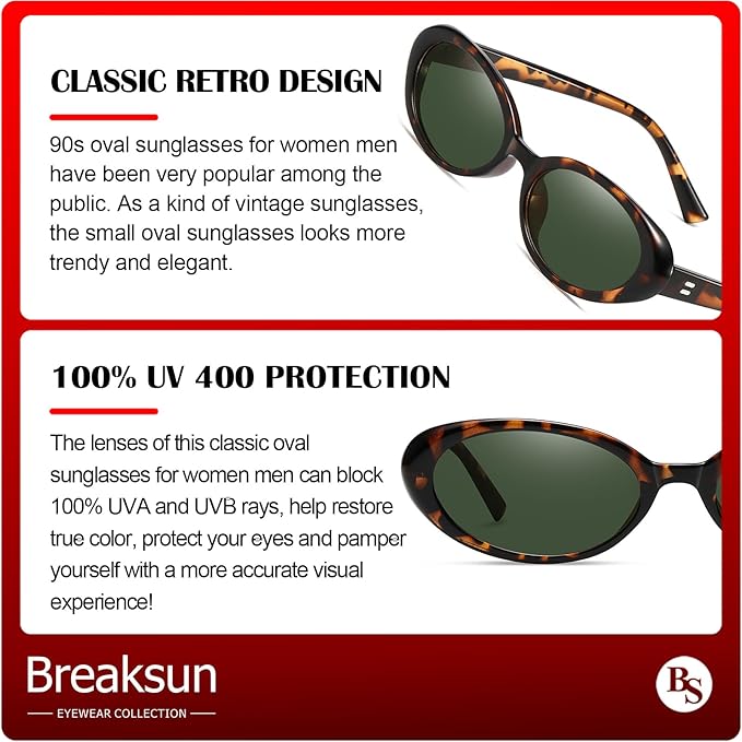 Breaksun Retro Oval Sunglasses for Women Men Fashion Small Oval Sunglasses 90s Vintage Shades
