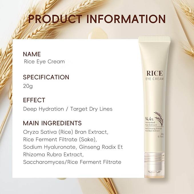 Rice Eye Cream, Moisturizing Eye Roller with Rice Ginseng Extract, Smooth Light Weight Fast Absorption Non-sticky Reduces Fine Lines Puffiness Bags & Dark Circles