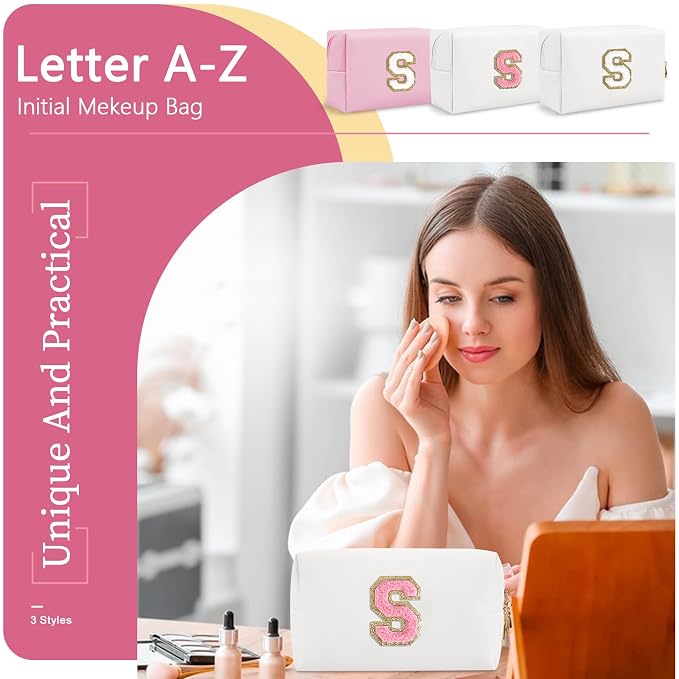 Personalized Makeup Bag Initial A-Z Preppy Patch Bag,Small PU Leather Travel Cosmetic Bag Pouch with Zipper,White Cute Toiletry Bag,Gift Ideal for Teen Girls Women Birthday Friend Mom,Letter S