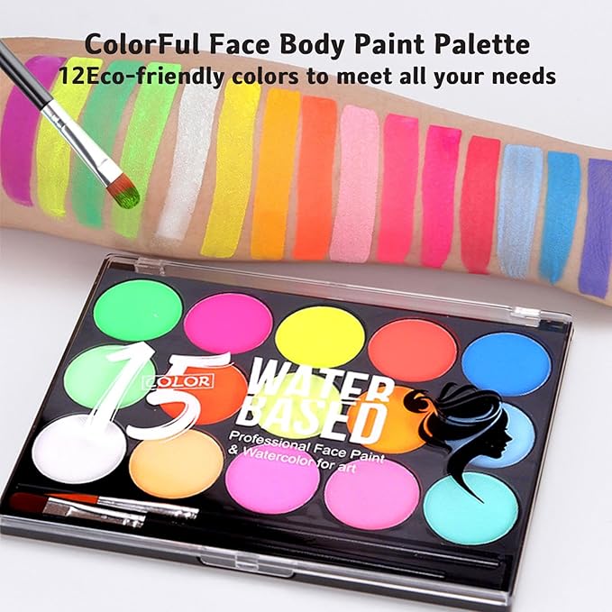 Face Paint Kit, 15 Color Face Painting Palette, with 2 Brushes 34 Stencils, 3 Reusable Stencils, 2 Stickers, Washable Face Paints for Kids Adults Halloween Party Carnival