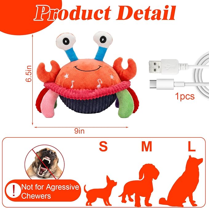 Mity rain Interactive Dog Toys with Thicken Plush, Moving Dog Toy | with Recording Mode Shaking & Singing Mode Bouncing, Funny Ball Jumping to Keep Them Busy & Chase, Rechargeable (Crab)