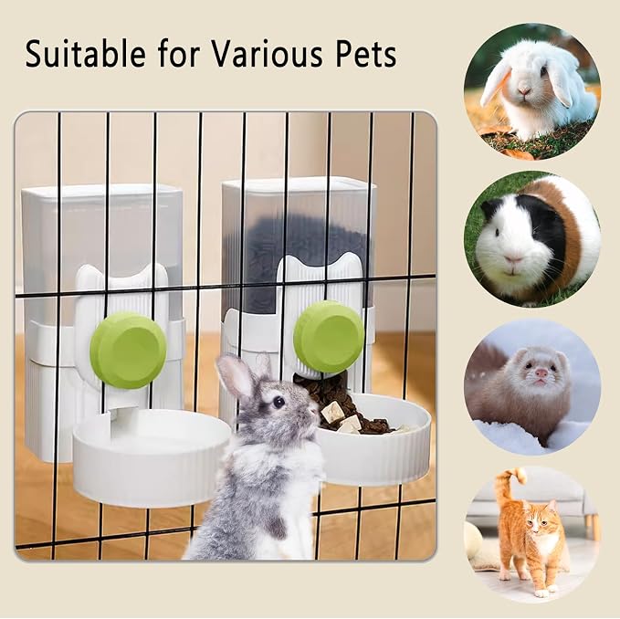 kathson Rabbit Feeder for Cage,Bunny Water Bottle,Pet Food Dispenser,Green | Gravity Automatic Guinea Pig Feeder Waterer Set,Hanging Small Pet Food Bowl Feeding Station for Ferret Chinchilla Cat Puppy
