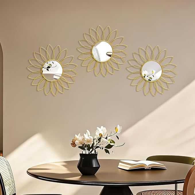3 Pack Metal Mirrors for Wall Sunburst Wall Mirrors Home Décor Decorative Hanging Wall Art for Living Room Bedroom Entryway (Gold2, Flowers)