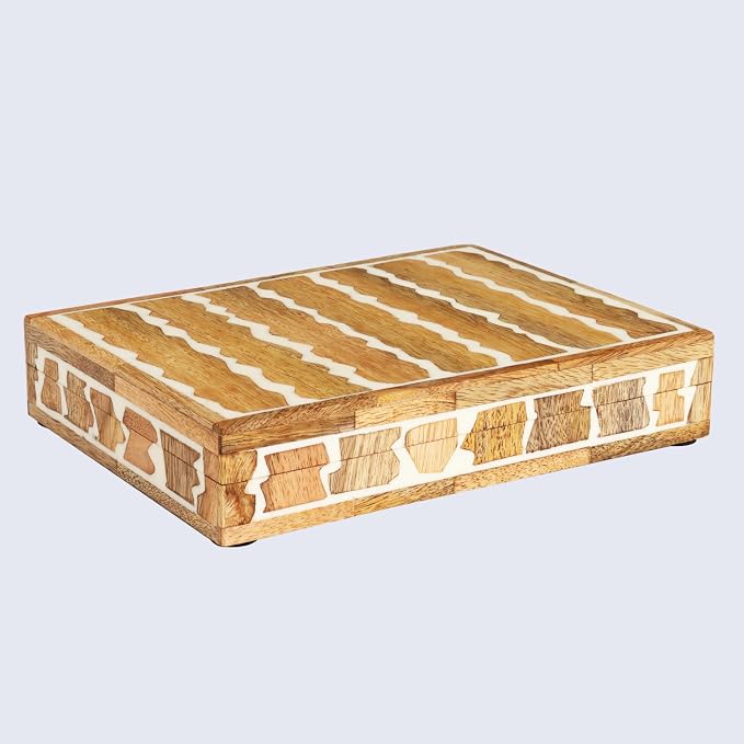 Handicrafts Home White Decorative Storage Box with Lid Wooden Desk Organizer Box Office Storage Box for Workspace Desk Decor Organizer – Resin Inlay Kept Safari Collection - 6x8x1.5
