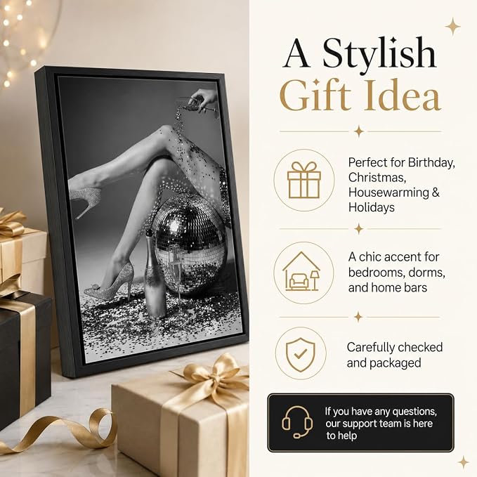 Framed Black and White Fashion Canvas Wall Art Trendy Women Disco Ball High Heels Wine Glass Picture Wall Decor Luxury Feminist Poster Print for Girl Bedroom Bar Cart Dorm Home Decoration 16x24in