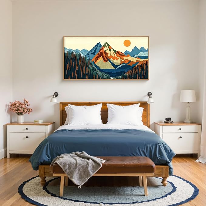 FWIEXA Vintage Mountain Framed Canvas Wall Art Set, Boho Sunrise Wall Prints, Abstract Nature Forest Artwork, Retro Lake Sunset Painting, 20x40 Inches Modern Rustic Decor for Living Room, Bedroom, Office