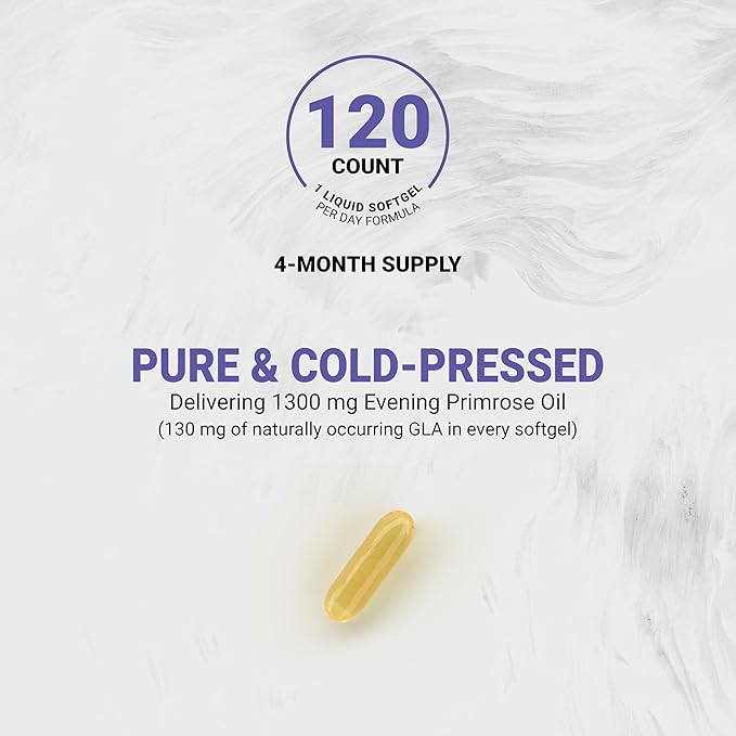 Naturalis Evening Primrose Oil (1300mg) | 100% Natural from New Zealand | Non-GMO, Soy & Gluten Free, Zero Filler | 120 Softgels