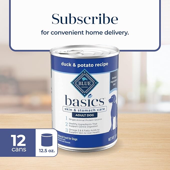 Blue Buffalo Basics Duck Adult Grain-Free Wet Dog Food, 12.5 oz, 12 ct | Skin & Stomach Care, Real Duck #1 Ingredient, Limited Ingredient Diet, Antioxidant-Rich LifeSource Bits, Skin & Coat Health