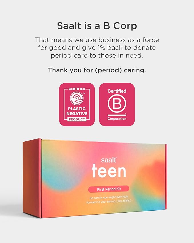 Saalt Teen First Period Kit - Includes Leakproof Period Underwear, Menstrual Cup, Menstrual Cup Wash, Compact Sanitizer, Feminine Wipes, Storage Bag, Saalt Stickers & Period Care 101 Booklet - Small